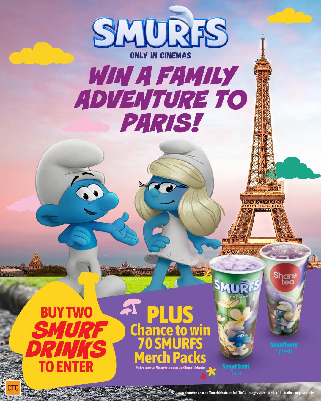 Two Smurfs next to the Eiffel Tower. Text 'Win a family adventure to Paris'.