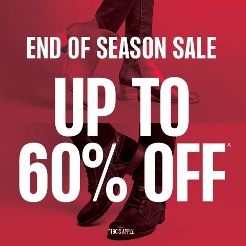 End of season sale. Up to 60% off. Williams Shoes