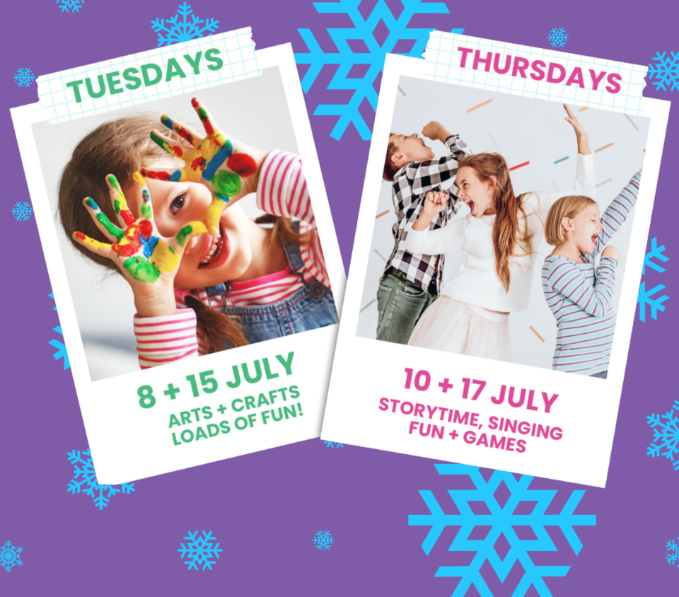 Winter Fun Hub at Wallsend Village. A free school holidays event. Image of kids painting and singing.